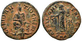 Time of Maximinus II, 310-313. Follis (bronze, 1.41 g, 15 mm), ‘Persecution’ issue, Antioch. GENIO ANTIOCHENI Tyche of Antiochia seated facing on rock...