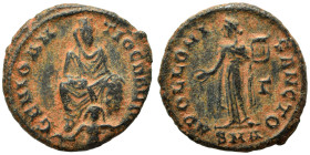 Time of Maximinus II, 310-313. Follis (bronze, 2.14 g, 15 mm), ‘Persecution’ issue, Antioch. GENIO ANTIOCHENI Tyche of Antiochia seated facing on rock...