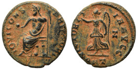 Time of Maximinus II, 310-313. Follis (bronze, 1.56 g, 14 mm), ‘Persecution’ issue, Antioch. IOVI CONSERVATORI Jupiter seated left, holding globe in h...