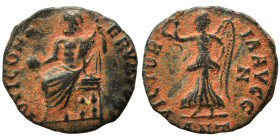 Time of Maximinus II, 310-313. Follis (bronze, 1.32 g, 14 mm), ‘Persecution’ issue, Antioch. IOVI CONSERVATORI Jupiter seated left, holding globe in h...