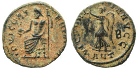 Time of Maximinus II, 310-313. Follis (bronze, 1.69 g, 15 mm), ‘Persecution’ issue, Antioch. IOVI CONSERVATORI Jupiter seated left, holding globe in h...