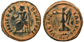 Time of Maximinus II, 310-313. Follis (bronze, 1.29 g, 16 mm), ‘Persecution’ issue, Antioch. IOVI CONSERVATORI Jupiter seated left, holding globe in h...