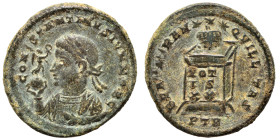 Constantine II, as Caesar, 316-337. Nummus (bronze, 3.22 g, 20 mm). Trier. CONSTANTINVS IVN NOB C laureate and draped bust left, holding Victory and m...