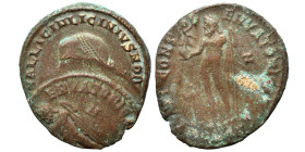 Licinius II, as Caesar, 317-324. Follis (bronze, 3.14 g, 21 mm). D N VAL LICIN LICINIVS NOB C Laureate and draped bust left, holding mappa, globus and...