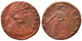 Helena, 324-328/30. Follis (bronze, 1.63 g, 14 mm). FL IVL HE-LENAE AVG Diademed and draped bust of Helena to right. Rev. PAX PVBLICA Pax standing fro...