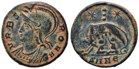 Commemorative Series, 330-335. Follis (bronze, 2.44 g, 17 mm), Nicomedia. VRBS ROMA Helmeted and draped bust of Roma left. Rev. She-wolf standing left...