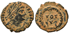 Jovian, 363-364. Ae (bronze, 2.30 g, 17 mm), Antioch (?). D N IOVIANVS P F AVG Pearl-diademed, draped and cuirassed bust right. Rev. VOT V in two line...