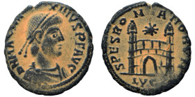 Magnus Maximus, 383-388. Ae (bronze, 1.00 g, 14 mm), Lugdunum (Lyons). D N MAG MAXIMVS P F AVG Pearl-diademed, draped and cuirassed bust right. Rev. S...