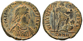 Valentinian II, 383-388. Ae (bronze, 4.99 g, 21 mm), Nicomedia. D N VALENTINIANVS P F AVG Pearl-diademed, draped and cuirassed bust to right. Rev. VIR...