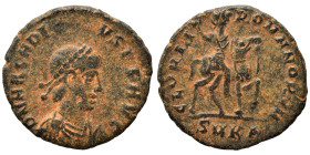 Arcadius, 383-408. Ae (bronze, 1.68 g, 16 mm). Pearl-diademed, draped, and cuirassed bust right. Rev. Arcadius on horseback riding right, raising hand...