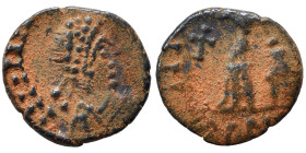 Uncertain. 5th century. AD. Nummus (bronze, 0.55 g, 10 mm). Diademed bust right. Rev. Uncertain, cross to left. Nearly very fine.