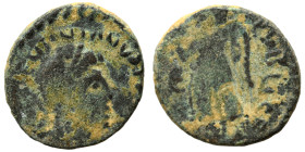 Valentinian III, 425-455. Nummus (bronze, 1.07 g, 11 mm). Pearl-diademed, draped and cuirassed bust right. Rev. SALVS REI PVBLICE Victory advancing le...