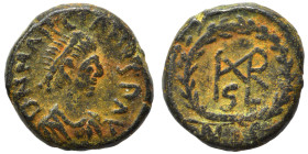 Marcian, 450-457. Nummus (bronze, 1.44 g, 11 mm), Nicomedia. D N MARCIANVS P F AV Diademed, draped and cuirassed bust right. Rev. Monogram in wreath. ...