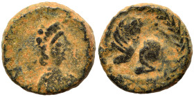 Leo I, 457-474. Nummus (bronze, 1.43 g, 10 mm), Constantinople. Pearl-diademed, draped, and cuirassed bust right. Rev. Lion, crouching left, head righ...