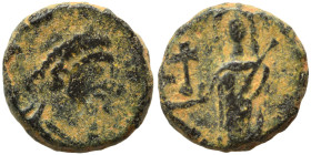 Leo I, 457-474. Nummus (bronze, 1.27 g, 9 mm), Constantinople. Pearl-diademed, draped and cuirassed bust of Leo I to right. Rev. Verina standing facin...