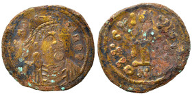 Byzantine. Constans II, 641-668. Fourrée tremissis (bronze, 0.93 g, 18 mm). Diademed, draped and cuirassed bust right. Rev. Cross potent. Fine.