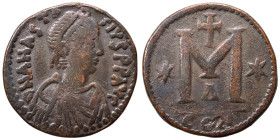 Anastasius I, 491-518. Follis (bronze, 13.43 g, 30 mm), Constantinople. D N ANASTA SIVS P P AVC Diademed, draped, and cuirassed bust right. Rev. Large...