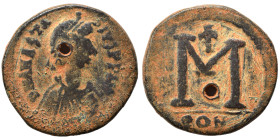 Anastasius I, 491-518. Follis (bronze, 7.83 g, 24 mm), Constantinople. D N ANAST-SIVS PP AVG Diademed and draped bust of Anastasius to right, cross at...