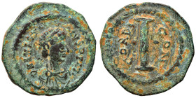 Anastasius I, 491-518. Decanummium (bronze, 3.05 g, 16 mm), Constantinople. D N ANASTASIVS P P AVG Diademed, draped and cuirassed bust to right. Rev. ...