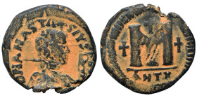 Anastasius I, 491-518. Follis (bronze, 16.52 g, 30 mm), Antioch. D N ANASTA SIVS P P AVC Diademed and draped bust of right. Rev. Large M between two c...