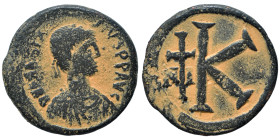 Anastasius I, 491-518. Half follis (bronze, 3.97 g, 20 mm), Nicomedia. D N ANASTASIVS P P AVG Diademed, draped and cuirassed bust right. Rev. Large K;...