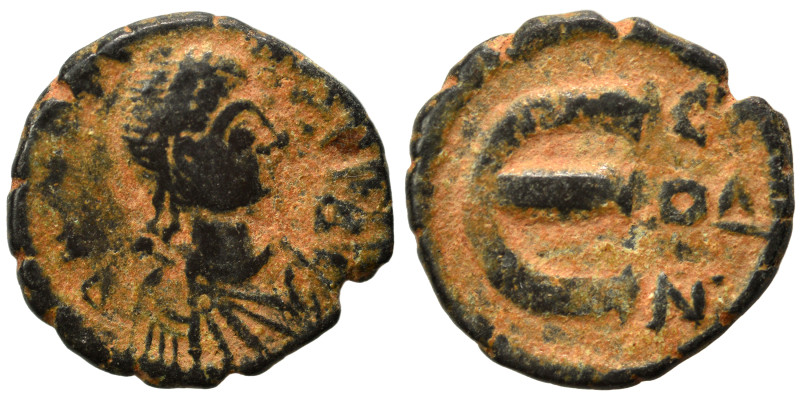 Justin I, 518-527. Pentanummium (bronze, 1.27 g, 13 mm), Constantinople. [D N IV...