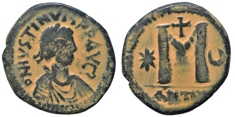 Justin I, 518-527. Follis (bronze, 16.18 g, 31 mm), Antioch. D N IVSTINVIS P P A...