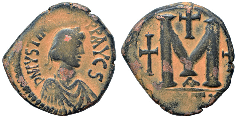 Justin I, 518-527. Follis (bronze, 16.53 g, 30 mm), Antioch. D N ANASTA SIVS P P...