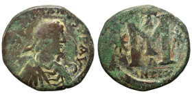 Justinian I, 527-565. Follis (bronze, 17.51 g, 32 mm), Theoupolis (Antioch). DN IVSTINIANVS PP AVG Diademed, draped, and cuirassed bust right. Rev. La...