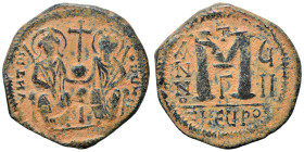 Justin II, with Sophia, 565-578. Follis (bronze, 12.86 g, 32 mm), Theoupolis (Antioch). Justin and Sophia seated facing on double throne, each holding...