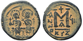 Justin II, with Sophia, 565-578. Follis (bronze, 16.00 g, 29 mm), Cyzicus. D N IVSTINVS P P AVG Justin II, holding globus cruciger in his right hand, ...