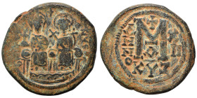 Justin II, with Sophia, 565-578. Follis (bronze, 12.93 g, 30 mm), Cyzicus. D N IVSTINVS P P AVG Justin II, holding globus cruciger in his right hand, ...