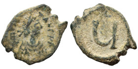 Tiberius II Constantine, 578-582. Pentanummium (bronze, 2.69 g, 18 mm), Constantinople. [..CONS]TANS P [..] Diademed, draped and cuirassed bust of Tib...
