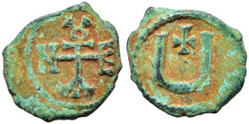 Tiberius II Constantine, 578-582. Pentanummium (bronze, 1.43 g, 14 mm), Theoupolis (Antioch). Monogram of Tiberius II Constantine. Rev. Large Ч; above...
