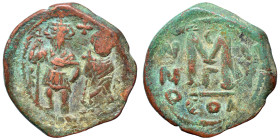 Heraclius, with Heraclius Constantine, 610-641. Follis (bronze, 11.84 g, 30 mm), Constantinople. Heraclius and Heraclius Constantine standing facing, ...