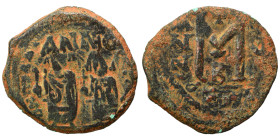 Heraclius, with Heraclius Constantine, 610-641. Follis (bronze, 6.01 g, 26 mm), Constantinople. Heraclius and Heraclius Constantine standing facing, b...
