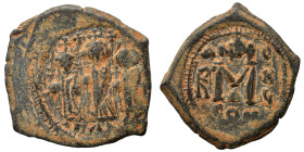 Heraclius, with Martina and Heraclius Constantine, 610-641. Follis (bronze, 6.09 g, 25 mm), Constantinople. Heraclius, in center, flanked by Martina, ...