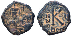 Heraclius, with Heraclius Constantine, 610-641. Half Follis (bronze, 5.24 g, 20 mm), Thessalonica. Heraclius and Heraclius Constantine standing facing...