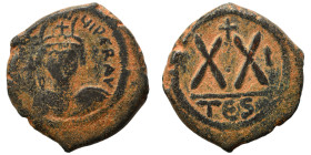 Heraclius, 610-641. Half follis (bronze, 6.36 g, 21 mm), Thessalonica. Draped and cuirassed bust of Heraclius facing, with short beard, wearing plumed...