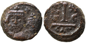 Heraclius, with Heraclius Constantine, 610-641. Decanummium (bronze, 3.25 g, 13 mm), Catania. Crowned, draped and short-bearded bust of Heraclius faci...