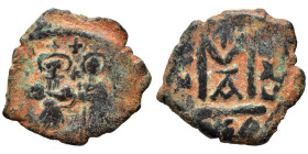 Heraclius, with Heraclius Constantine, 610-641. Follis (bronze, 5.81 g, 24 mm), Arab Byzantine war issue. Military mint in Palestine, likely Neapolis ...