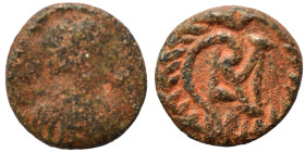 VANDALS. Gelimer. 530-534. Nummus (bronze, 0.75 g, 10 mm), Carthage. Diademed, draped, and cuirassed bust right. Rev. Gelimer monogram within wreath. ...