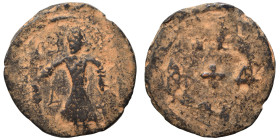 CRUSADERS. Edessa. Baldwin II, second reign, 1108-1118. Follis (bronze, 3.62 g , 21 mm). Count Baldwin II, dressed in chain-armour and conical helmet,...