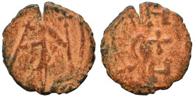 CRUSADERS. Edessa. Baldwin II, second reign, 1108-1118. Follis (bronze, 3.01 g , 19 mm). Count Baldwin II, dressed in chain-armour and conical helmet,...