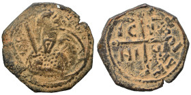 CRUSADERS. Principality of Antioch. Tancred, regent, 1101-1112. Follis (bronze, 4.13 g, 22 mm). Armored, bearded bust of Tancred facing, holding uprai...