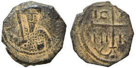 CRUSADERS. Principality of Antioch. Tancred, regent, 1101-1112. Follis (bronze, 2.62 g, 20 mm). Armored, bearded bust of Tancred facing, holding uprai...