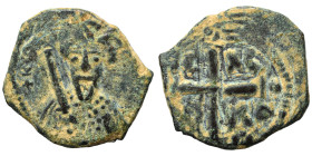 CRUSADERS. Principality of Antioch. Tancred, regent, 1101-1112. Follis (bronze, 3.03 g, 20 mm). Armored, bearded bust of Tancred facing, holding uprai...