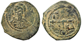 CRUSADERS. Principality of Antioch. Tancred, regent, 1101-1112. Follis (bronze, 5.06 g, 23 mm). Armored, bearded bust of Tancred facing, holding uprai...