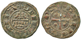 CRUSADERS. Principality of Antioch. Raymond of Poitiers, 1136-1149. Fractional Denier (bronze, 1.39 g, 17 mm). +PRINCEPS Cross pattée with pellet in e...