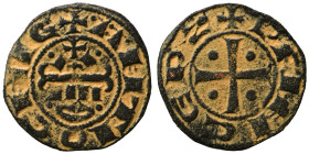 CRUSADERS. Principality of Antioch. Raymond of Poitiers, 1136-1149. Fractional Denier (bronze, 0.77 g, 17 mm). +PRINCEPS Cross pattée with pellet in e...